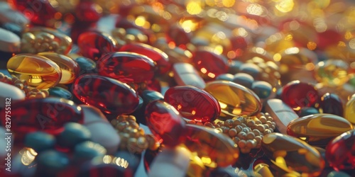 A pile of multicolored pills and capsules. The pills are of different colors and sizes, and they are scattered all over the surface. Concept of chaos and disorder