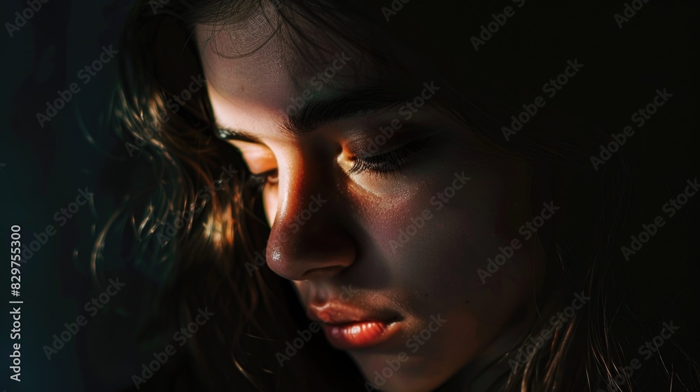 A woman with long hair is looking at the camera. The image has a moody and mysterious feel to it, as the woman's face is partially obscured by the darkness A woman with long hair is looking at the camera. The image has a moody and mysterious feel to it, as the woman's face is partially obscured by the darkness