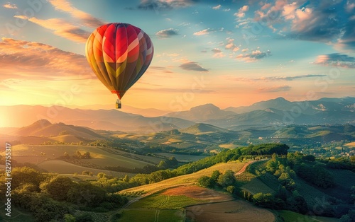 Hot Air Balloon Soaring Above Idyllic Countryside, A Hot Air Balloon Glides Over a Scenic Countryside Ai Generated