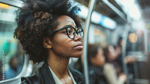 Thoughtful young woman on subway. Young woman with glasses and natural hair, lost in thought during her daily commute on the subway. photo