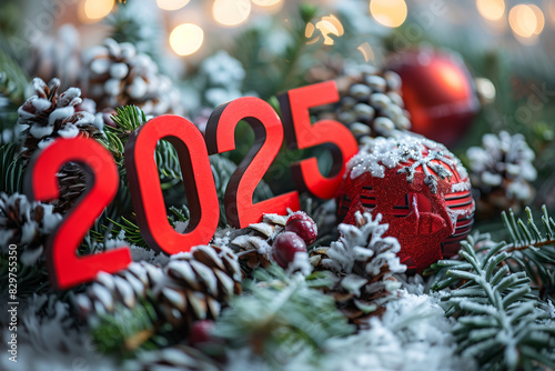A Christmas wreath adorned with the numbers  2025 year and a bright red ornament © alenagurenchuk