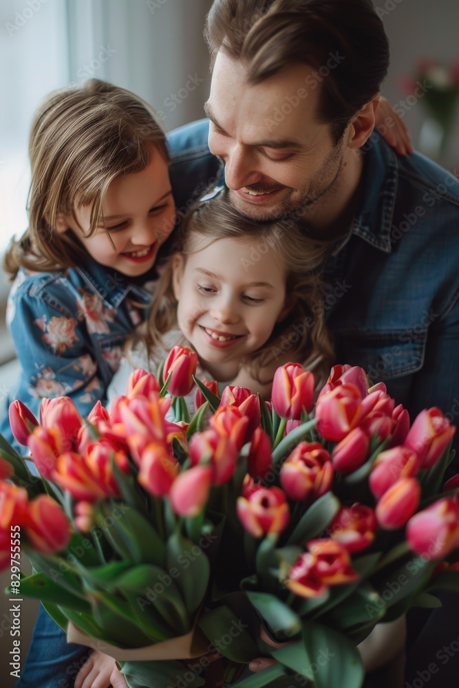 A man is holding a bouquet of red tulips with three children. Scene is happy and loving