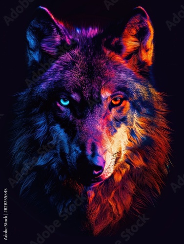 A wolf with blue eyes and a red nose. The wolf is in a dark background