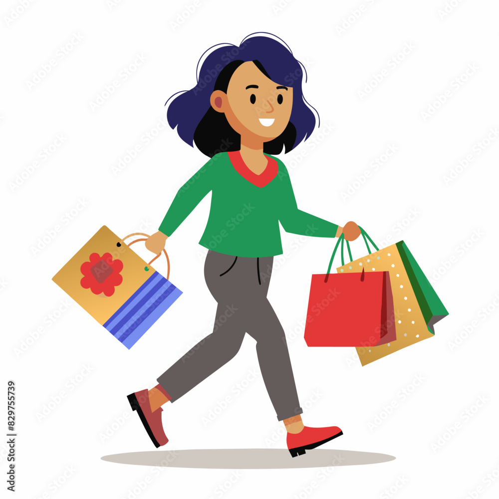 A woman happily carrying multiple shopping bags, wearing a green jacket and black pants, walking briskly with a smile.