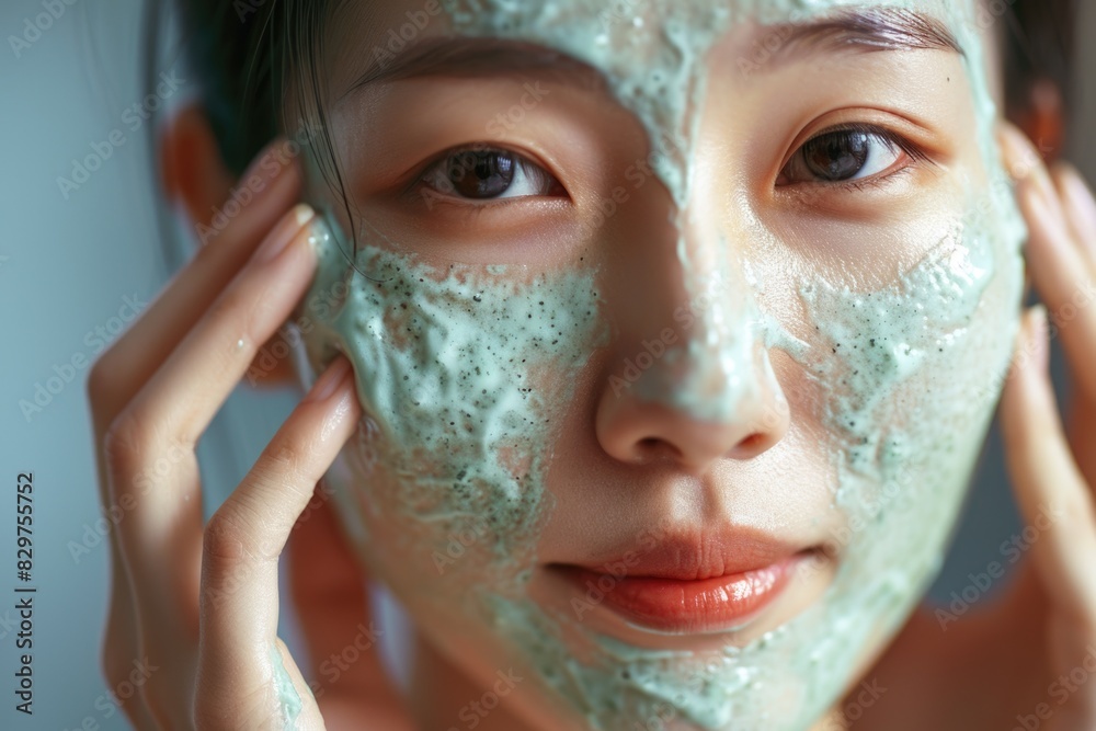 A woman is applying a green face mask. She is looking at the camera with a serious expression A woman is applying a green face mask. She is looking at the camera with a serious expression