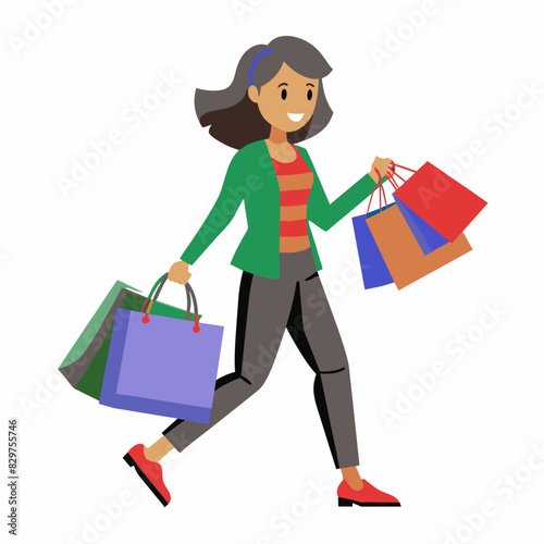 A woman happily carrying multiple shopping bags, wearing a green jacket and black pants, walking briskly with a smile.