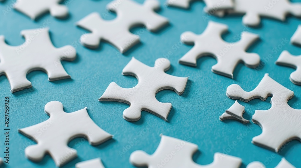 A puzzle with white pieces is on a blue surface. The puzzle is incomplete, with some pieces missing. Scene is one of challenge and determination A puzzle with white pieces is on a blue surface. The puzzle is incomplete, with some pieces missing. Scene is one of challenge and determination