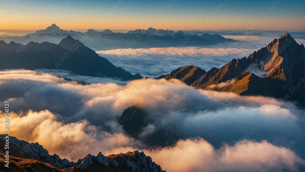 Obraz premium Breathtaking Views From Mangart Peak at Stunning Sunrise, Peaks Above Clouds