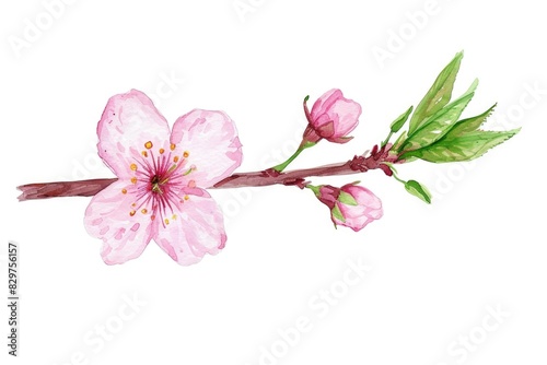 Fototapeta Naklejka Na Ścianę i Meble -  A watercolor painting of a pink flower with a green stem. The flower is the main focus of the painting, and it is in full bloom. The painting has a serene and peaceful mood