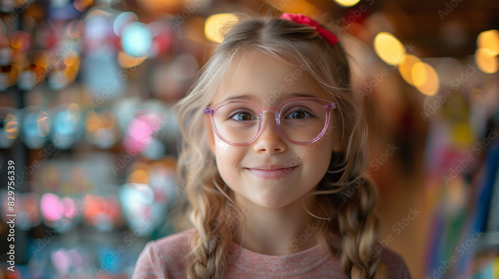 Portrait of Smiling Young Girl Wearing Glasses at Optician's Center, Fashionable Vision Correction Concept. Portrait of Smiling Young Girl Wearing Glasses at Optician's Center, Fashionable Vision Correction Concept.