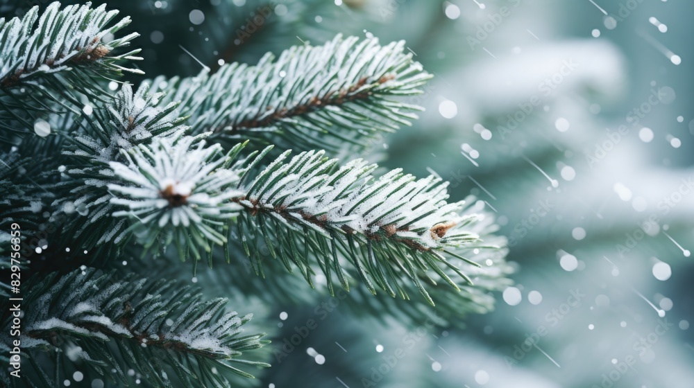 A snow covered pine tree branch with snowflakes falling on it. Concept of tranquility and peacefulness, as the snowflakes gently fall on the tree, creating a serene atmosphere