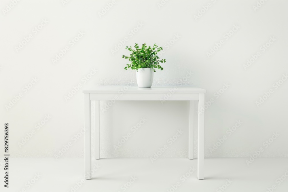 A white table with a potted plant on top of it A white table with a potted plant on top of it