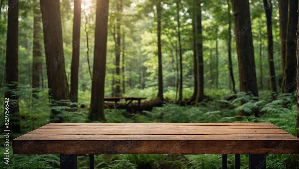 Camping wooden tabletop, empty wood table top in green forest, concept of outdoor nature activity dais podium counter product display platform mockup background banner with copy space Camping wooden tabletop, empty wood table top in green forest, concept of outdoor nature activity dais podium counter product display platform mockup background banner with copy space
