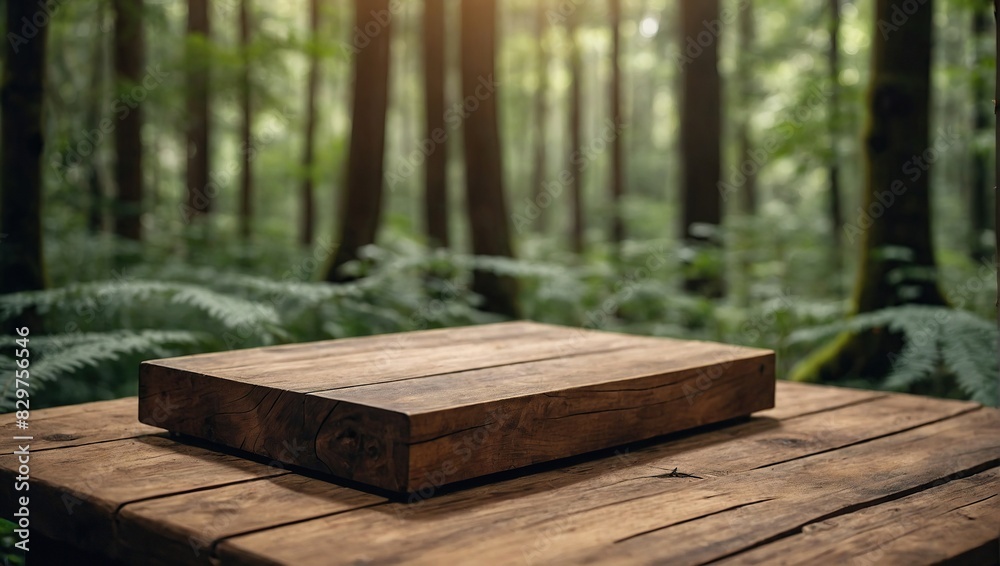Camping wooden tabletop, empty wood table top in green forest, concept of outdoor nature activity dais podium counter product display platform mockup background banner with copy space Camping wooden tabletop, empty wood table top in green forest, concept of outdoor nature activity dais podium counter product display platform mockup background banner with copy space