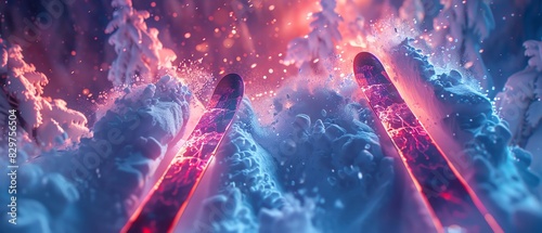 Sleek skis with digital overlays, durable poles, and a snowy mountain scene, Cyberpunk, Digital, Bright colors, Innovative winter sports gea
