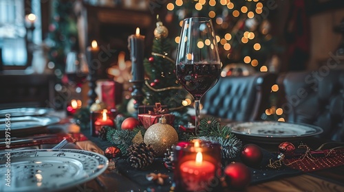 Warm holiday atmosphere with decorations  a glass of wine  and festive lights