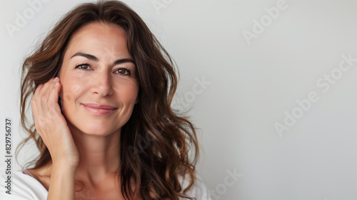 Portrait of a Smiling Mature Brunette with Copy Space, Woman in Her 40s or 50s, Beauty and Confidence in Middle Age, Skincare, Lifestyle and Natural Cosmetics  Concept.