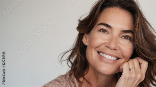 Portrait of a Smiling Mature Brunette with Copy Space, Woman in Her 40s or 50s, Beauty and Confidence in Middle Age, Skincare, Lifestyle and Natural Cosmetics  Concept.