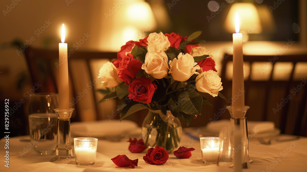 An elegantly set table for two in a restaurant, decorated with candles and a bouquet of roses, against the backdrop of a softly lit room, a romantic atmosphere.
