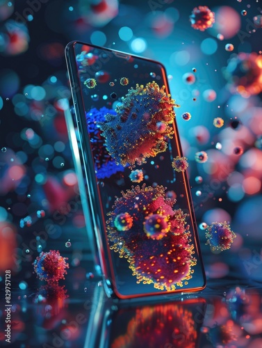 A cell phone is surrounded by a cloud of colorful, glowing particles. Concept of chaos and disorder, as if the phone is being bombarded by a virus or some other type of harmful substance photo