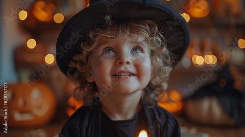 Smiling curly-haired child gazes up with a black witch hat on Halloween