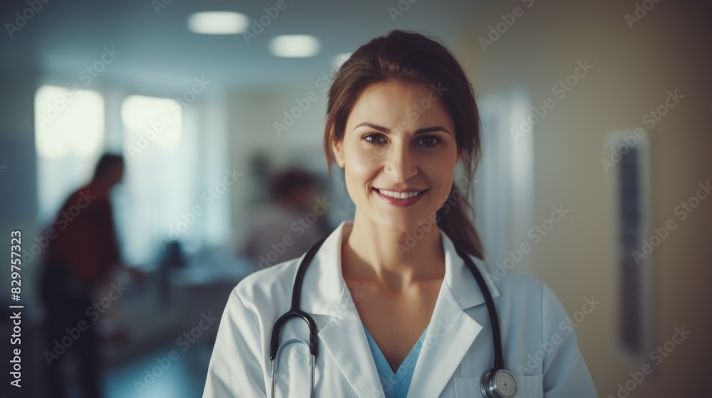 A woman in a white lab coat is smiling and posing for a picture. She is a doctor and is standing in a hospital hallway