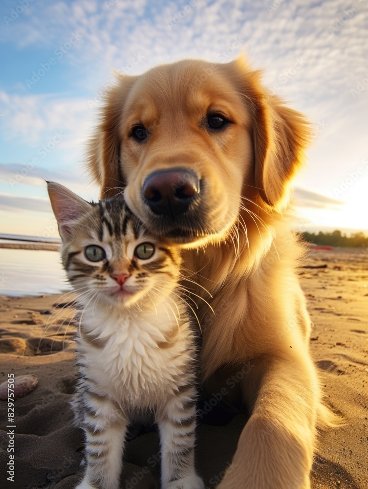 A cat and a dog are laying on the beach together. The dog is looking at the camera while the cat is looking away