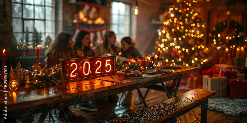 A wooden table adorned with a red sign 2025 of year sits next to a Christmas tree