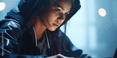 A woman wearing a hoodie is looking at a laptop. Concept of solitude and introspection, as the woman is focused on her work or personal tasks. The hoodie adds to the overall mood of the scene