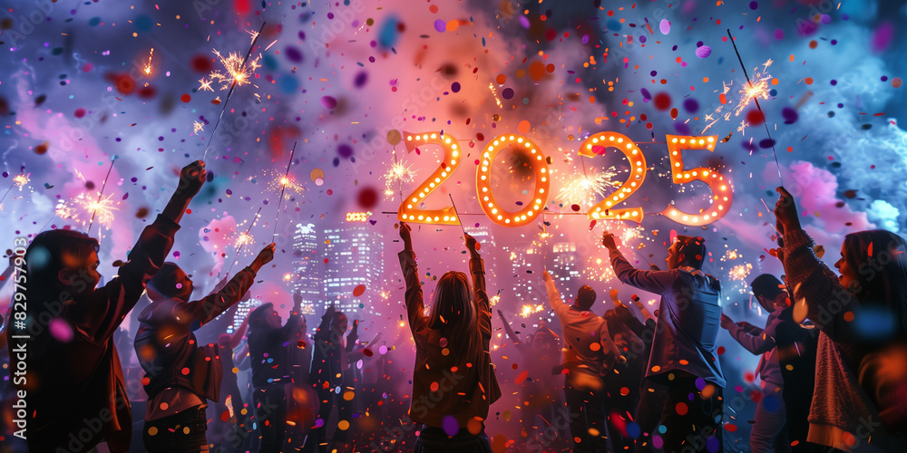 A vibrant New Year celebration with a group of people cheering, fireworks lighting up the sky, and confetti flying around 2025 A vibrant New Year celebration with a group of people cheering, fireworks lighting up the sky, and confetti flying around 2025