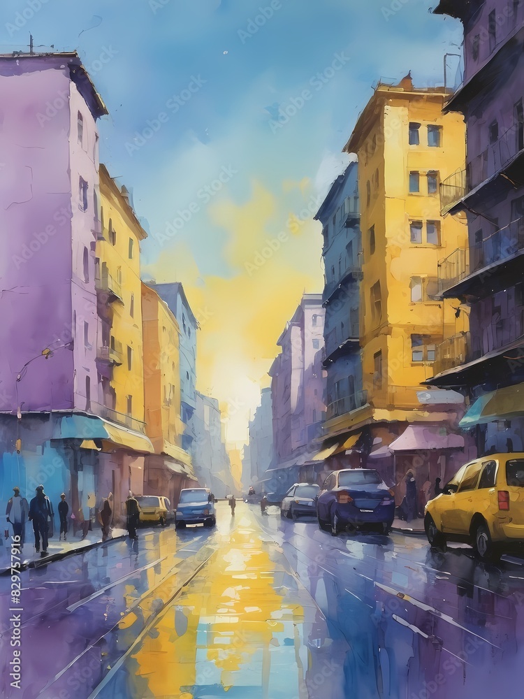 Fototapeta premium Colored painting of a Cityscape,indigo and yellow,purple generative AI illustration