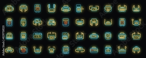 Defibrillator icons set outline vector. Aid ambulance. Automated electric neon color on black