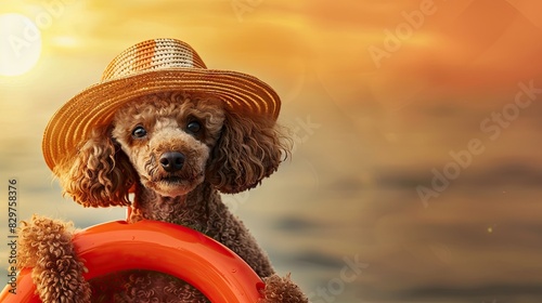 Poodle in Paradise: Stylish Pooch Wearing Straw Hat and Holding Life Preserver