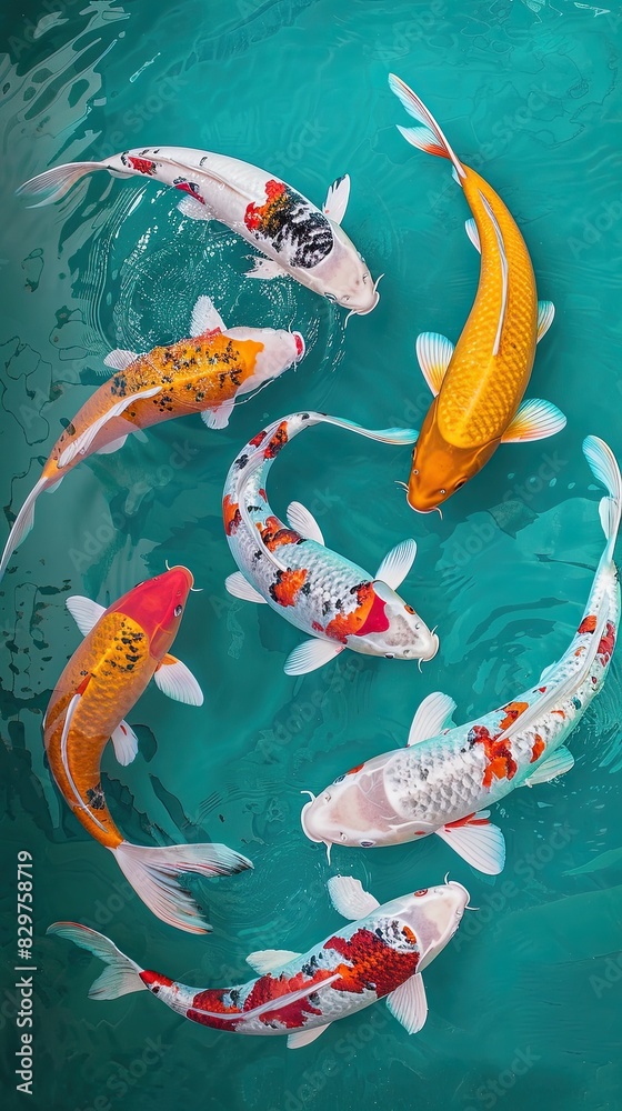 Circular Harmony: Nine Koi Fishes in Hyper-Realistic Pop-Art Style with Gold and Pink Accents on Bright Turquoise Background