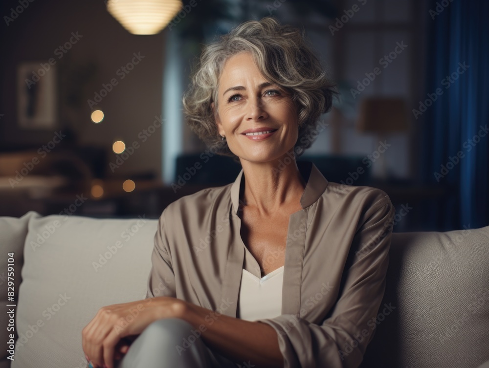 A woman is sitting on a couch and smiling. She is wearing a tan jacket and white shirt A woman is sitting on a couch and smiling. She is wearing a tan jacket and white shirt