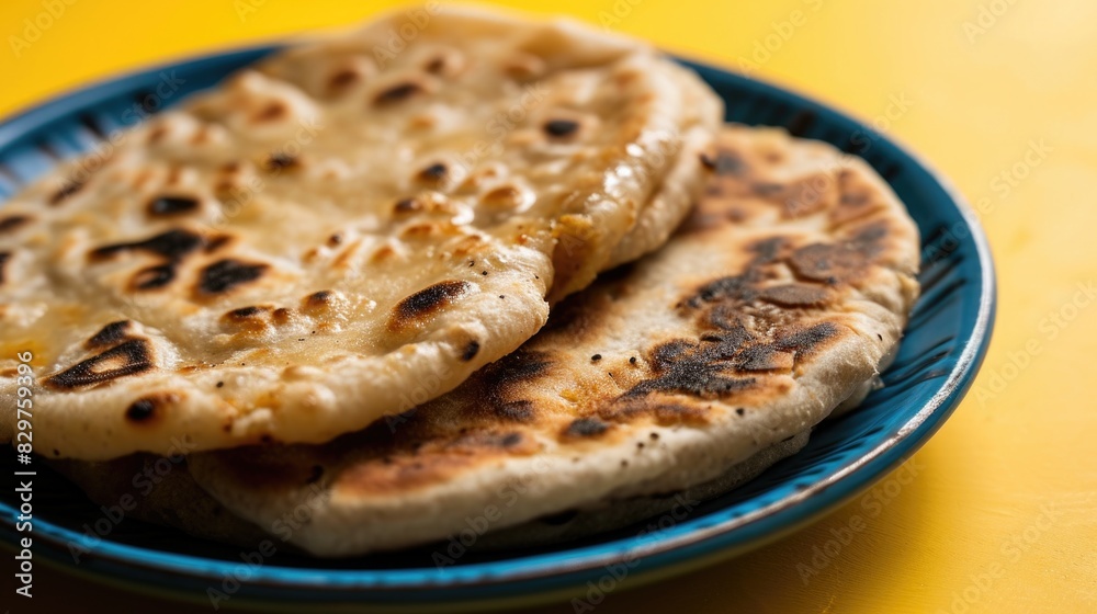 Two tortillas are on a blue plate. The plate is on a yellow background. The tortillas are brown and have a crispy texture Two tortillas are on a blue plate. The plate is on a yellow background. The tortillas are brown and have a crispy texture