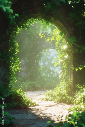A lush green archway with a path leading through it. The archway is surrounded by vines and leaves, creating a serene and peaceful atmosphere