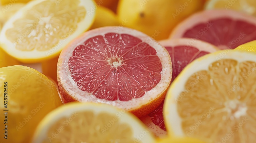 A close up of a grapefruit and a lemon. The grapefruit is cut in half and the lemon is cut in half as well A close up of a grapefruit and a lemon. The grapefruit is cut in half and the lemon is cut in half as well
