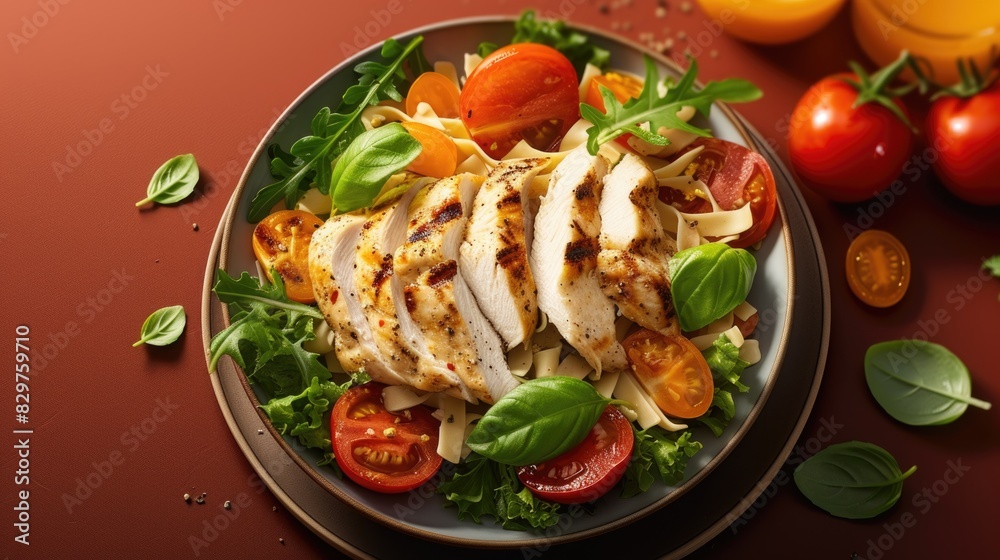 A plate of chicken and vegetables with a tomato on the right