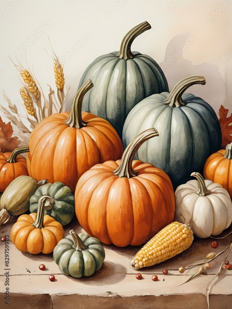 Holiday illustration with pumpkins, corn, and vegetables generative AI illustration 