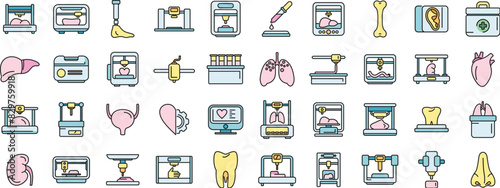 Bioprinting icons set outline vector. Anatomy bioprinter. Bone cell thin line color flat on white