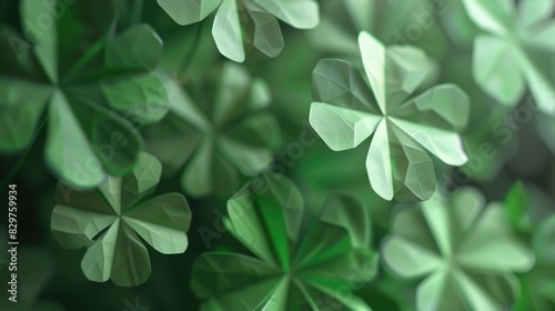 A close up of green leaves with a green background. The leaves are shaped like a clover and are arranged in a way that creates a sense of depth and movement. Scene is one of growth and renewal photo