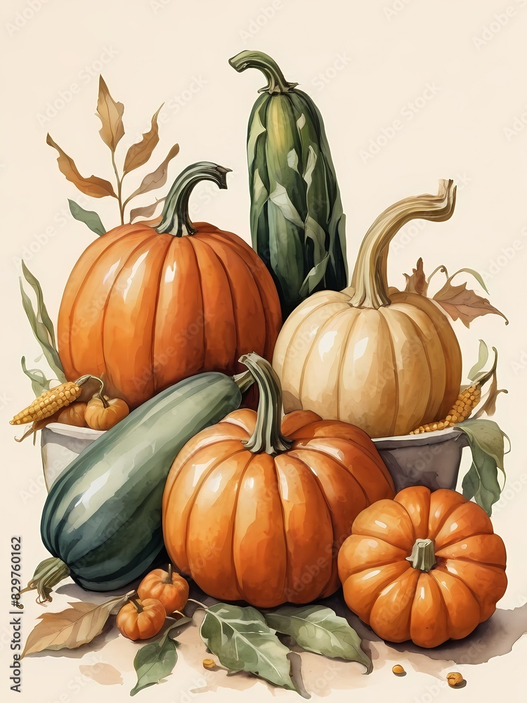 Holiday illustration with pumpkins, corn, and vegetables generative AI illustration Holiday illustration with pumpkins, corn, and vegetables generative AI illustration