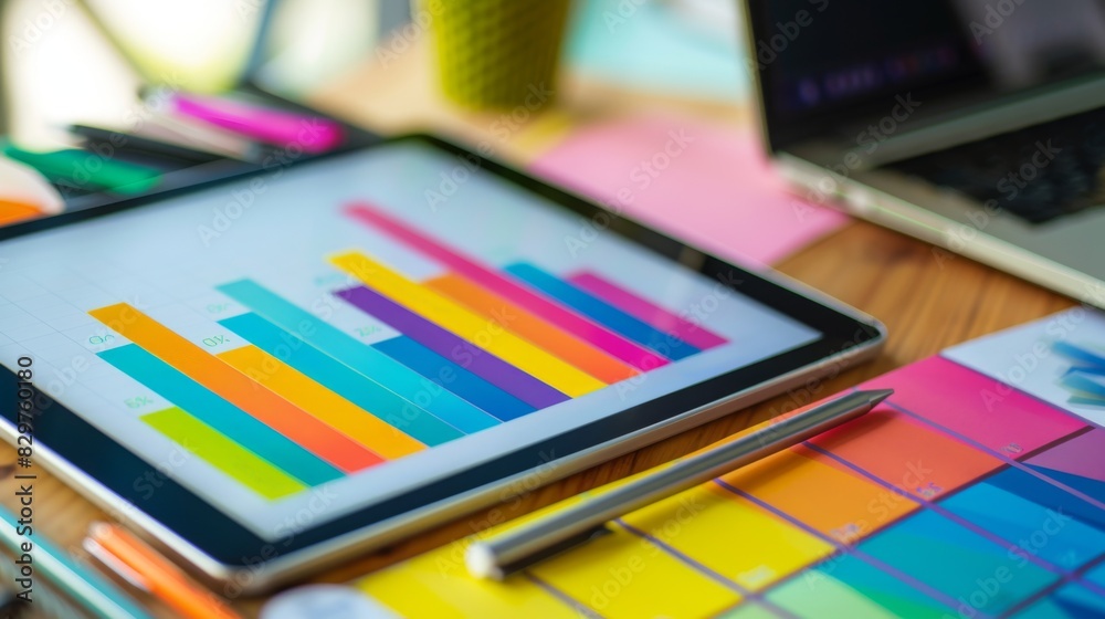 A multi-colored bar graph displayed on a tablet, surrounded by office supplies on a desk.