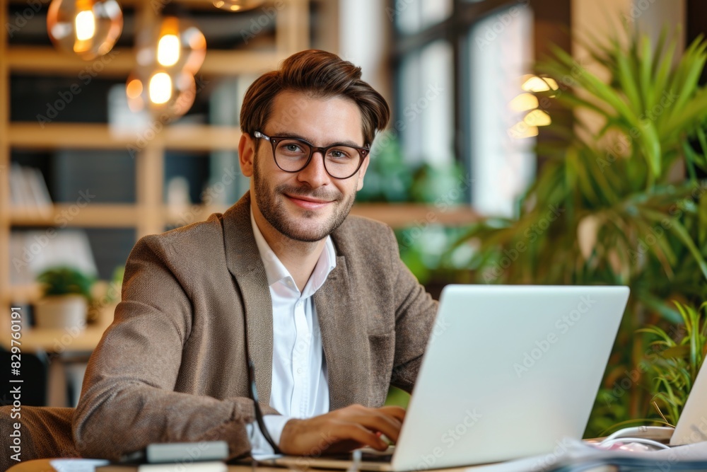A man wearing glasses and a brown jacket is sitting at a table with a laptop in front of him. He is smiling and he is enjoying himself A man wearing glasses and a brown jacket is sitting at a table with a laptop in front of him. He is smiling and he is enjoying himself