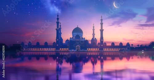 An illustration shows an amazing mosque with intricate architecture at night with star and moon. Spiritual value of mosque architecture in Muslim traditions. Generative AI. © Nanthiwan