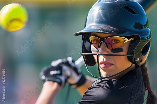 Intensely focused softball player tracking the ball with determination in their eyes. photo