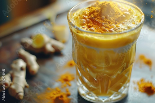 A glass of yellow liquid with a sprinkle of spice on top. The glass is on a table with a few other items