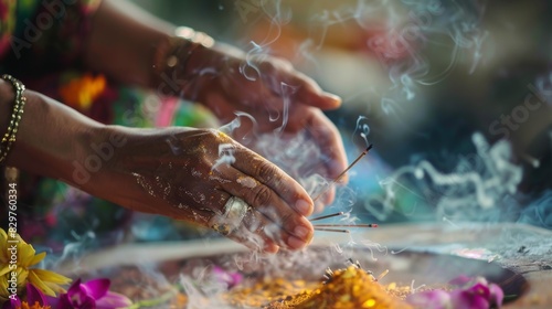 Hands perform a purifying ritual with incense, inviting positive energy for a spiritual ceremony in a close-up view, Created with Generative AI. photo