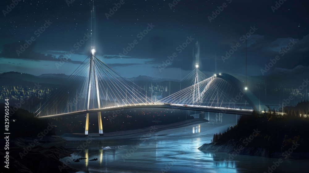 Obraz premium A night scene of a cable-stayed bridge over a river, with its illuminated cables forming a striking pattern against the dark sky.